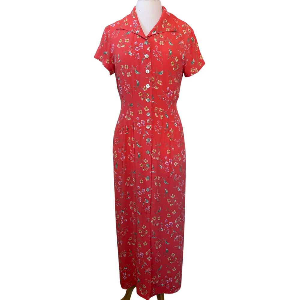 Vintage Y2K Sherri Martin Ditsy Floral Button Dress Coral Pink Cottagecore 8